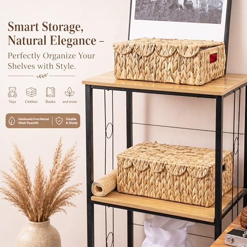 LUSYDECO Set of 2 Scalloped Edge Wicker Basket with Lids, Rectangle Wicker Storage Basket with Built-in Handles, Multipurpose Organizer Rattan Display Boxes for Shelf, Nursery Room - Image 4