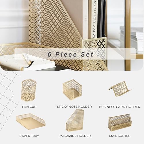 BLU MONACO | Gold Desk Organizer Set with Mail Sorter, Sticky Note Holder, Pen Cup, Magazine Holder, Letter Tray & Business Card Holder | Stylish Desk Accessories for Women & Home Office Décor - Image 2