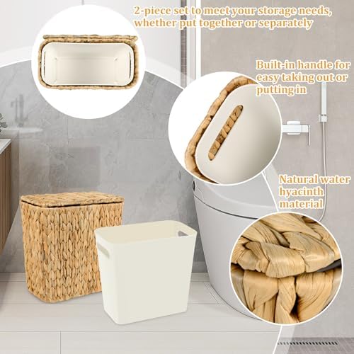 Wicker Trash Can with Lid and Liner, Handwoven Wicker Waste Basket, Water Hyacinth Bathroom Trash Can, Boho Rattan Garbage Wastebasket for Bedroom Home Living Room Office Kitchen, 2.5 Gallon - Image 3