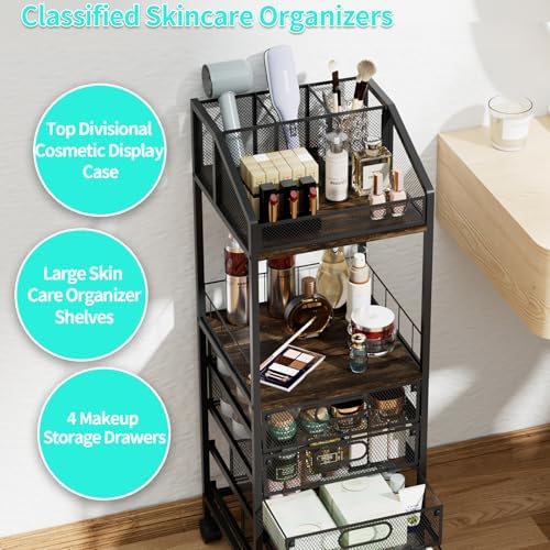 HapiRm Makeup Organizer Storage Cart - Floor Skincare Make Up Storage with 4 Drawers, Rolling Makeup Cart Vanity Organizer Cosmetics Display Cases Holder for Skin Care Perfume Nail Polish - Image 3