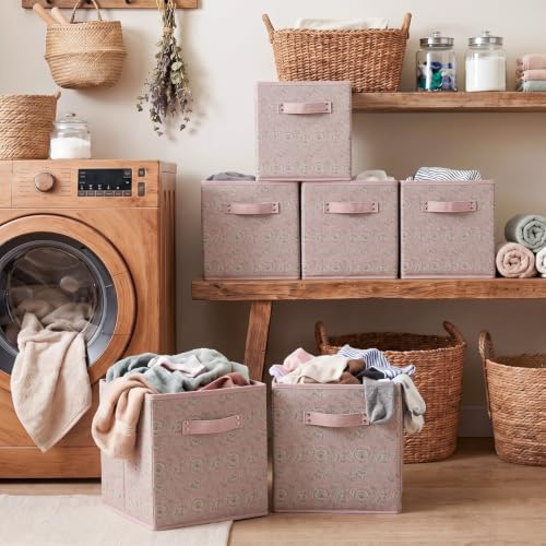 6 Pcs Pink Fabric Vintage Cube Storage Bins 11Inch Storage Basket with Handle, Linen Collapsible Fabric Box for Classroom Bedrooms Office Home Decoration (Pink and beige) - Image 6