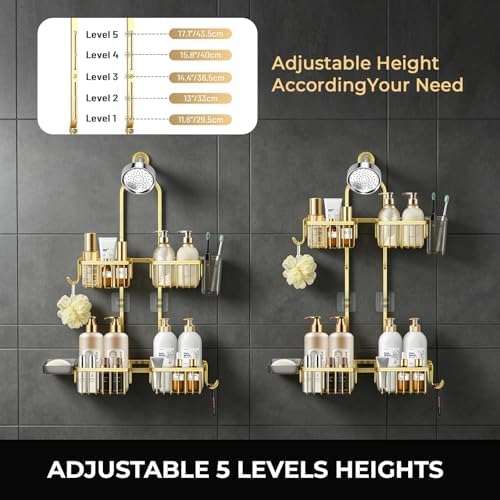 Adjustable Hanging Shower Caddy for Handheld Showerhead, Rustproof Aluminum Over Shower Head Organizer, Renter-Friendly No-Swing Storage for Tall Bottles & Soap, 2-Tier, Gold - Image 5