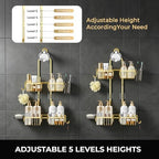 Adjustable Hanging Shower Caddy for Handheld Showerhead, Rustproof Aluminum Over Shower Head Organizer, Renter-Friendly No-Swing Storage for Tall Bottles & Soap, 2-Tier, Gold - Image 5