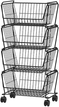 PUSDON 4-Tier Large Stackable Wire Storage Baskets with Wheels, Metal Rolling Utility Cart Organizer, Produce Basket for Kitchen Pantry, Floor Shelf, Matte Black by PUSDON