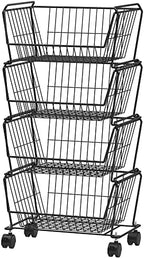 PUSDON 4-Tier Large Stackable Wire Storage Baskets with Wheels, Metal Rolling Utility Cart Organizer, Produce Basket for Kitchen Pantry, Floor Shelf, Matte Black by PUSDON