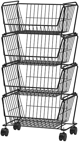 PUSDON 4-Tier Large Stackable Wire Storage Baskets with Wheels, Metal Rolling Utility Cart Organizer, Produce Basket for Kitchen Pantry, Floor Shelf, Matte Black by PUSDON