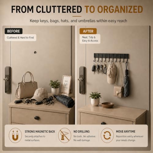 2Pcs Magnetic Key Holder For Fridge With 10 Hooks, Magnetic Utensil Holder For Wall, Strong Magnetic Key Hanger Hook Organizer, Magnent Key Rack For Kitchen Metal Door Grill Tool Coat Towel Purse - Image 4