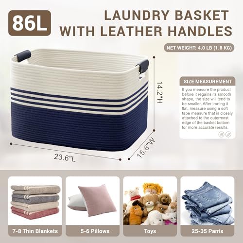 86L Large Woven Laundry Basket Hamper with Leather Handles,Navy - Image 2