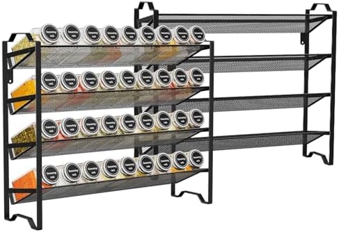 Simple Trending 2 Pack 4 Tier Spice Rack Organizer, Stackable Kitchen Counter Shelves, for Cabinet, Countertop, Pantry, Door or Wall Mount, Metal Mesh, Jars not Included, Black by SimpleTrending