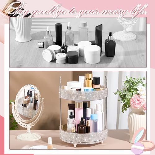 Honeydak Rotating Perfume Organizer Tray, 2 Tiers, Rhinestone, White - Image 5