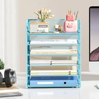 Subekyu 6-Tier Desk Paper Organizer, Desktop File Letter Tray with Handle, Document Sorter and Accessories Holder for Office, Home and School Workspace Organizers, Blue-2 Pack - Image 4