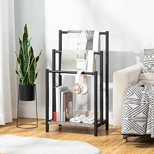 HOOBRO Free Standing Towel Rack, 3 Tier Blanket Rack, Blanket Holder for Bathroom, 16.9" L x 11" W x 31.9" H, Industrial Metal Drying and Display Rack with Shelf, Greige and Black BG03LB01 - Image 2