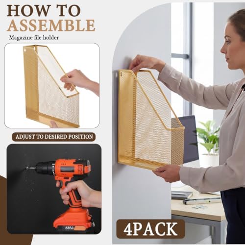 Sliner 4 Pack Gold Metal Magazine Holder Mesh Steel Document Rack 1 Section File Organizer Extra Wide Magazine Folder Storage Desk Tidy for Office Home, 12.6"x 9.8"x 3" - Image 3