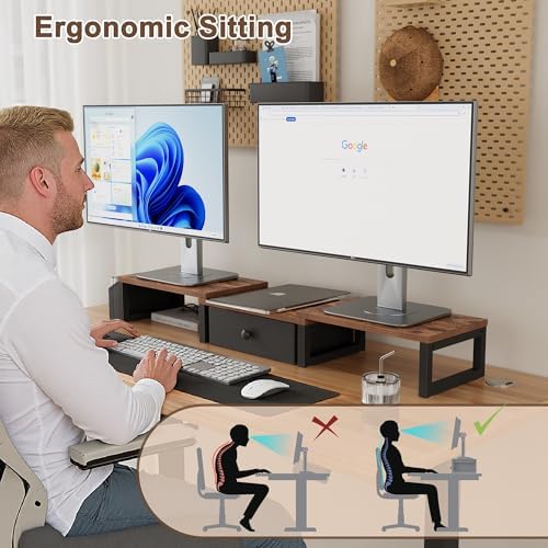 LAND·VOI Heavy Duty Dual Monitor Stand, Holds 2 Screens Up to 27 Inches, Adjustable Length and Angle Monitor Riser, Desk Organizer with Side Pockets and Drawers, Home Office Desk Storage, Rustic Brown - Image 6