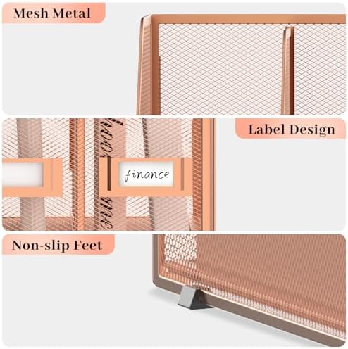 SUPEASY Desk Organizers Metal Desk Magazine File Holder with 5 Vertical Compartments Rack File Organizer for Office Desktop, Home Workspace, Rose Gold - Image 4