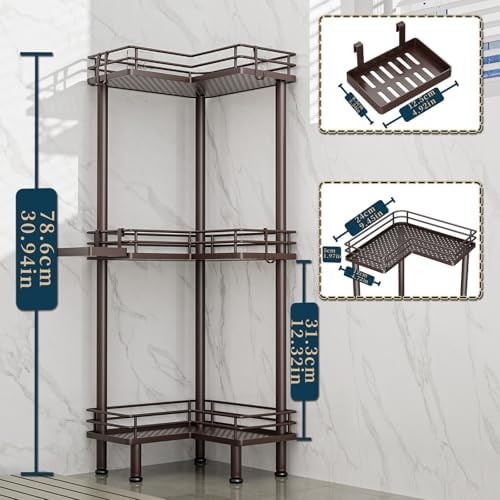 Consumest Corner Shower Caddy Standing - 3-Tier Stainless Steel Shower Organizer with Soap Holder and 4 Hooks, Large Capacity Corner Shelf Stand for Bathroom, Rest Room, Bronze - Image 5
