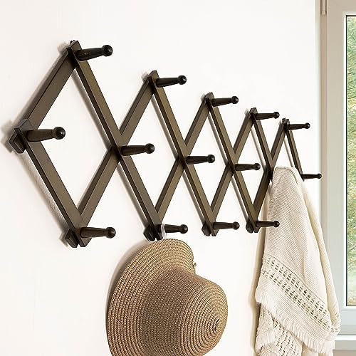 Dseap Accordion Wall Hanger:16'' High Wooden Wall Expandable Coat Rack,Hat Rack Holder,Accordion Hook for Baseball Caps,Coats,16 Peg Hooks,Dark Walnut - Image 2