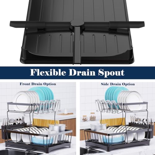 Large Dish Drying Rack for Kitchen Counter, Detachable Large Capacity Dish Drainer Organizer, 2-Tier Dish Racks with Utensil Holder, Black - Image 2