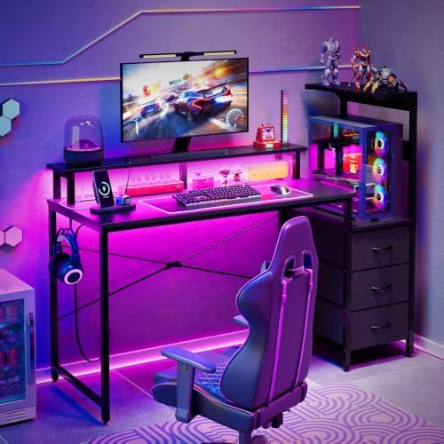 SUPERLELE Gaming Desk with Power Outlet, LED Lights, Storage Shelf & Drawer - Image 2