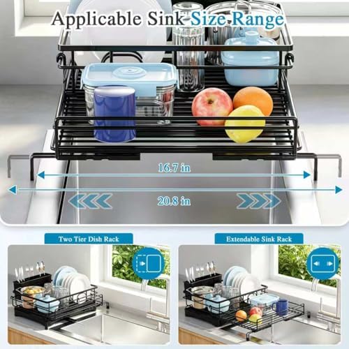 2 Tier Dish Drying Rack, Large Extendable Dish Racks for Kitchen Counter , Dishrack with Drainboard, 2-in-1 Anti-Rust Stainless Steel Dish Drainer with Utensil Holder (Black, double of Dish Rack) - Image 5