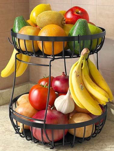 Sevenblue 2 Tier Fruit Bowl for Kitchen Counter, Black, Extra Large by Sevenblue