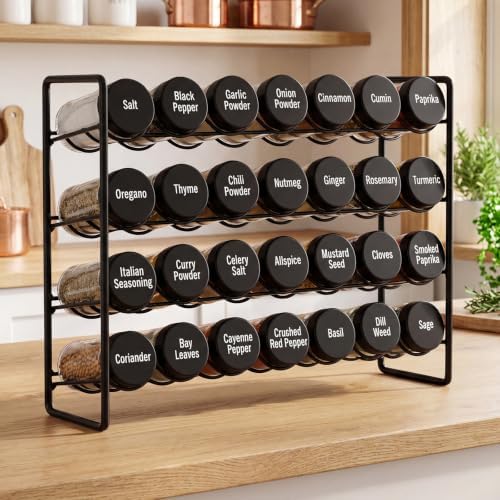 FoldTier Spice Rack Organizer with 28 Spice Glass Jars, 56 Labels, Funnel and Marker Set, Complete Countertop Seasoning Rack Organization for Cabinet, Kitchen Storage, Pantry, Cupboard(Black) by FoldTier