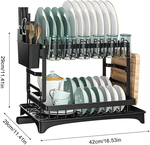 2 Tier Dish Drying Rack Stainless Steel with Auto Drainboard 360° Swivel Spout Large Capacity Kitchen Counter Organizer with Utensil Holder Cup Rack Knife Block Space Saving Black - Image 2