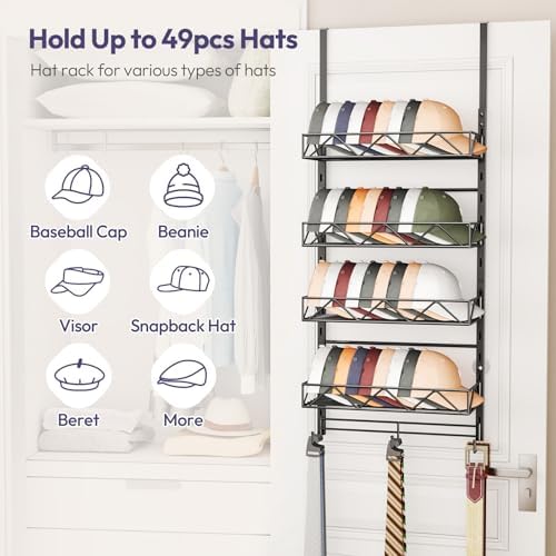 SWTYMIKI Over Door Hat Organizer - 5 Tier Wall Mounted Hat Rack with 4 Adjustable Metal Basket and 3 Hooks, Hanging Baseball Cap Organizer Storage Holds up to 49 Caps for Door, Bedroom, Closet - Image 2
