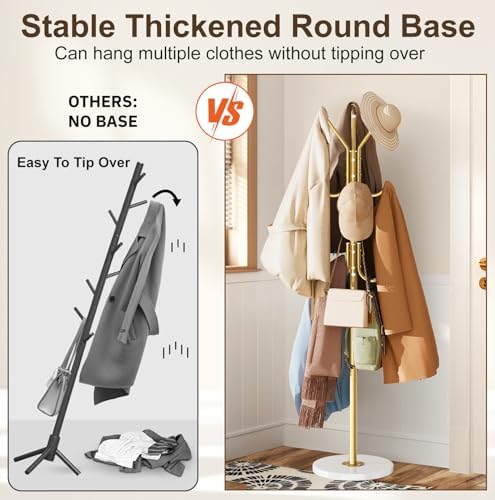MISSLO Heavy Duty Coat Rack Freestanding with Stable Wood Base Modern Coat Tree with 12 Hooks Adjustable Coats Hanger Stand Stylish Standing Clothes Tree for Entryway Bedroom Corner Hall (Gold) - Image 3