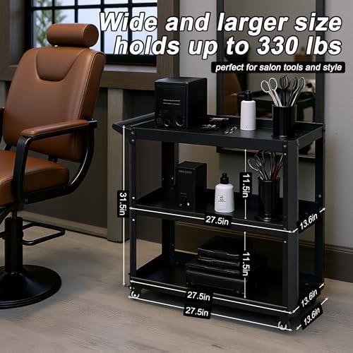 3 Tier Metal Utility Rolling Cart with Wheels, Black - Image 3