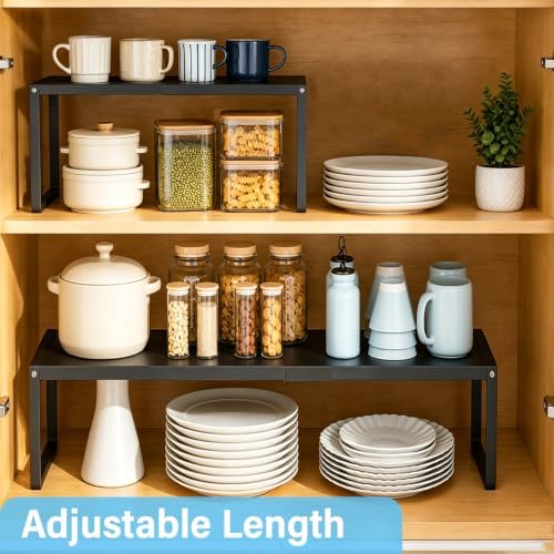2 Pack Expandable Kitchen Cabinet Shelves Organizer, Stackable Adjustable Cabinet Storage Rack For Kitchen Cabinet, Heavy Duty Metal Shelving Units And Storage For Bowl, Spice, Small Appliance, Black - Image 5
