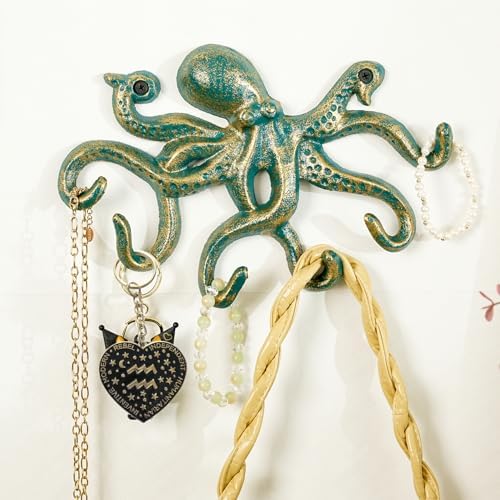 Sungmor Cast Iron Key Holder for Wall, Green Octopus Hanger with 6 Hooks, - Image 2