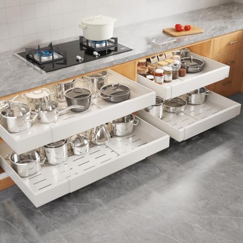 Seinloes 4 Pack Pull Out Cabinet Organizer for Wide Cabinets,Expandable 20.4"-30.4" Width,5 Slide Rails Slide Out Drawers With Raising Pad for Framed Cabinets,No Drill Roll Out Shelves 21" Deep,White by Seinloes
