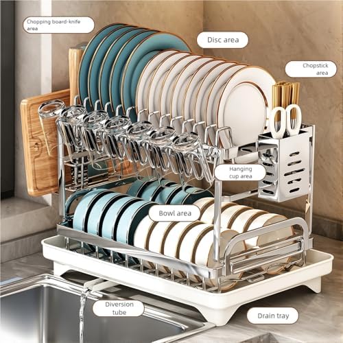 TarnorLe Double Layer Dish Drying Rack, Storage Super Large Bowl Dish Rack, Multifunctional Kitchen Countertop with Drain Pan, 304 Stainless Steel Kitchen Drying Rack, Tableware, Glass Drying Rack - Image 4