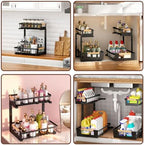 Under Sink Organizers and Storage, 2 Pack L-Shaped Pull Out Cabinet Organizer, 2 Tier Sliding Storage Rack with Adjustable Height, Metal Under Sink Shelf for Kitchen, Bathroom, Pantry, Black - Image 2