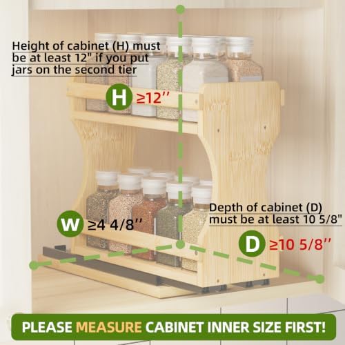 BAMEOS Pull Out Spice Rack Organizer for Cabinet, Bamboo Wide 4.2" Slide Out Seasoning Organizer for Kitchen, No Drill Anti-Tip Ball Bearing Silent Glides, Pantry Cabinet Organizer,Natural - Image 5