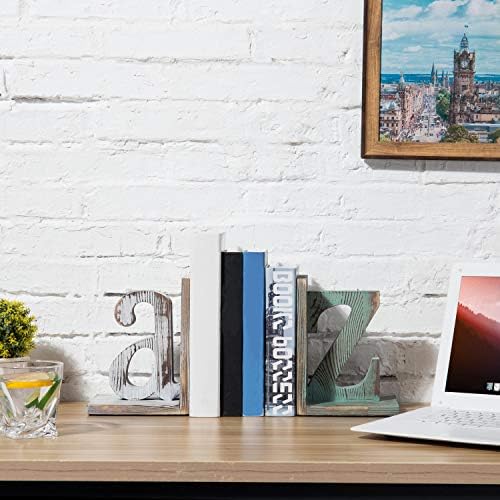 MyGift Wood Bookends, Book Ends for Shelves with Decorative White and Blue Alphabet A and Z Design, Book Stopper for Heavy Books, Home Office Desktop Decor, Vintage - Image 2