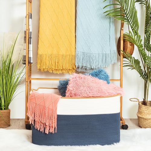 MINTWOOD Design 22in Extra Large Blanket Basket Holder Living Room, Rectangle Rope Woven Storage Basket with Handles for Laundry, Pool Towels, and Shoes, Dog Toy Organizer Bin Box, Prussian Blue - Image 2