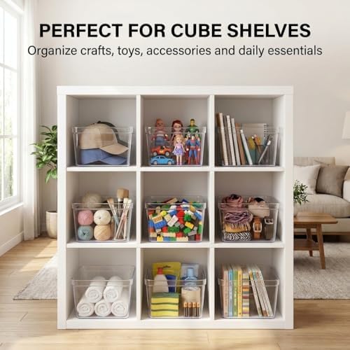 MOONEDGE 6-Pack 10x10x6 Clear Plastic Cube Storage Bins with Handles - Image 4