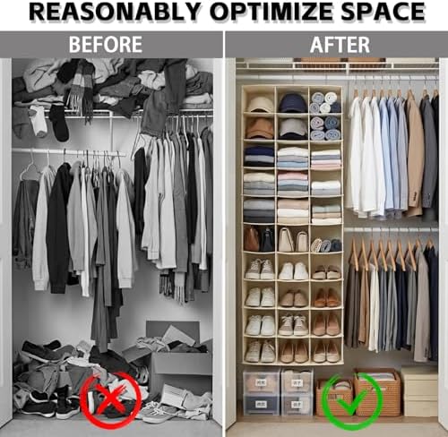 30 Section Hanging Shoe Organizer for Closet, Hanging Closet Organizer and Storage Space-Saving Foldable Clothes Shelf with Sturdy Hooks for Wardrobe, Dorm, Bedroom, Rv, Beige - Image 6