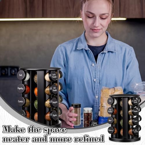 Yungyan Black Rotating Spice Rack with 16 Empty Jars and Labels - Image 6