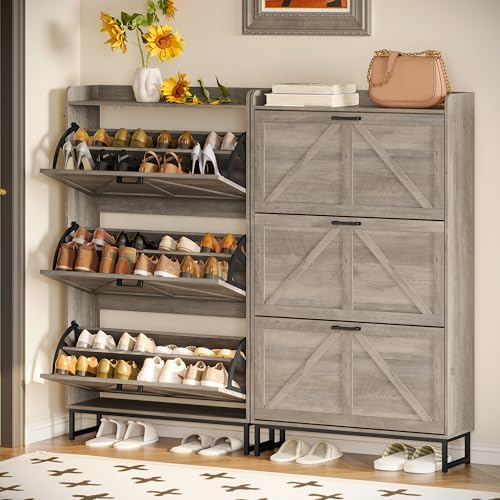 Wodeer Shoe Cabinet Storage for Entryway, Shoe Storage Cabinet with 4 Flip Drawers, Freestanding Narrow Shoe Rack Organizer with Metal Legs, Adjustable Shelves & Open Storage for Foyer, Hallway, White - Image 3