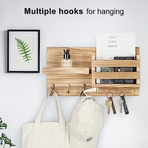 Lwenki Mail Organizer for Wall Mount – Key Holder with Shelf Includes Letter Holder and Hooks for Coats, Dog Leashes – Rustic Wood with Flush Mounting Hardware (16.5” x 8.7” x 3.5”) (Wood) - Image 4