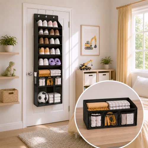 3in1 Over The Door Shoe Organizer with 5 Slanted Compartments,Removable Storage Bin & Transparent Pockets,Thickened Waterproof Oxford Fabric Shoes Rack for Shoes,Boots,Toys,Daily Essentials. (Black) - Image 2