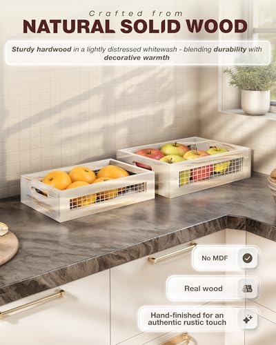 Wooden Countertop Baskets Set of 2 for Kitchen, Bathroom, Pantry|Wall Mount Upgrade with Full Accessories| Rustic Nesting Boxes|Wooden Organizer Crates for Fruit, Vegetables, Produce, Bread - Image 3