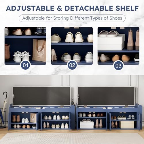 47.2" Storage Bench - Entryway Shoe Bench with Side Storage Shelves and 4 Doors, Multifunctional Entryway Bench with Lift Top Cushion, Shoe Storage Bench for Bedroom, Living Room, Navy Blue - Image 4