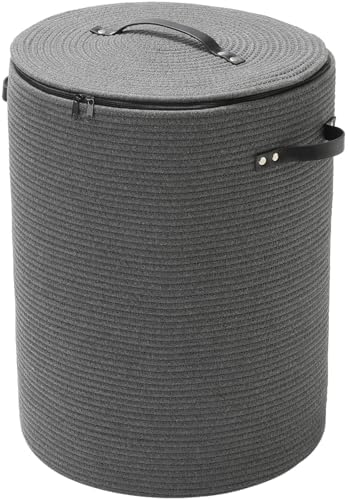 16"x20" Extra Large Cotton Rope Basket with Zipper Lid, Woven Laundry Hamper and Blanket Storage Basket, Round Clothes Bin for Living Room Bedroom, Dark Grey by Cottonphant