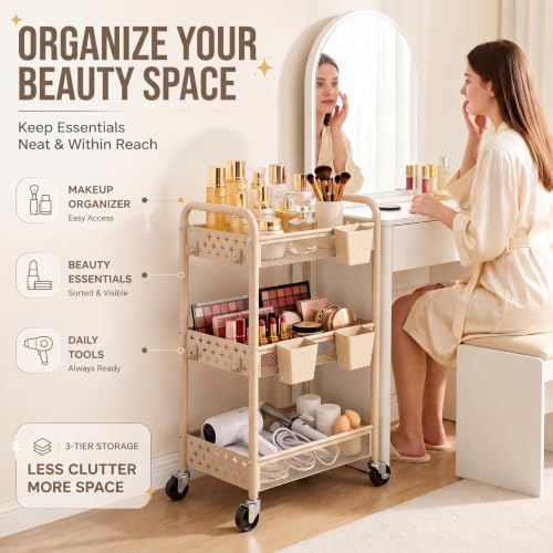 3 Tier Heavy Duty Metal Rolling Utility Cart Organizer with Wheels, Beige - Image 7