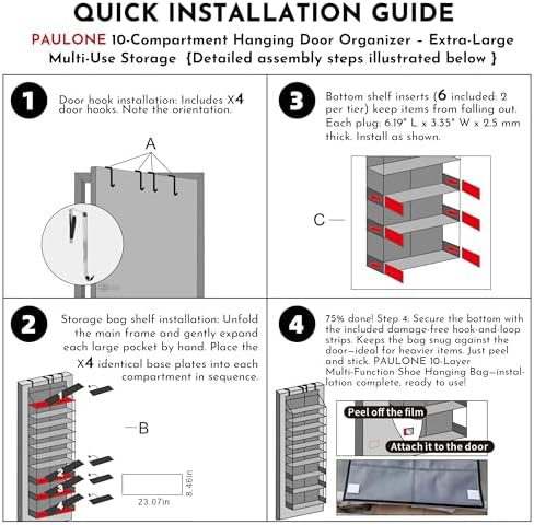 PAULONE Over the Door Organizer Heavy Duty – 96 Lbs Capacity 20 Pair Shoe Rack with Multi-Size Pockets Fits Tall Boots up to 11.8", Breathable Mesh, Metal Hooks – Also for Bags, Toys, Toiletries - Image 6