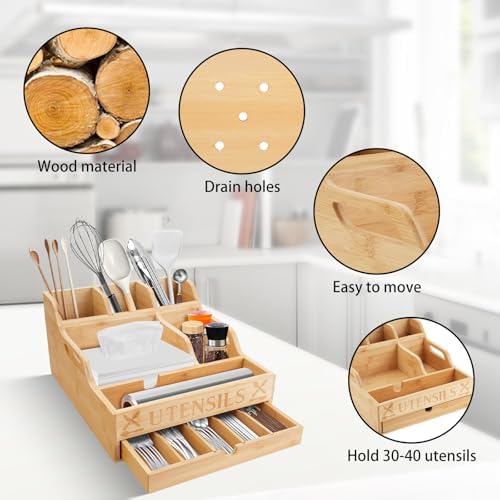 Kitchen Utensil Holder with Drawer, Farmhouse Spatula Organizer for Countertop,Large Capacity Flatware Spoon Forks Knives Cooking Tool Cutlery Holder for Party Picnic BBQ with 11 Compartments (Wood) - Image 4